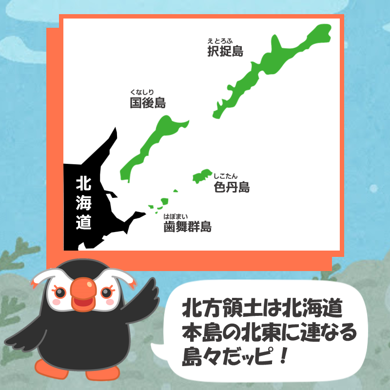 正解はこうだッピ！ 北方領土は北海道本島の北東に連なる島々で 歯舞
