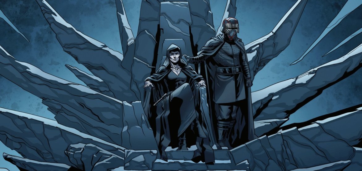 Empress Rey and Kylo Ren on the Throne of the Sith, from the Rise of Skywalker comic