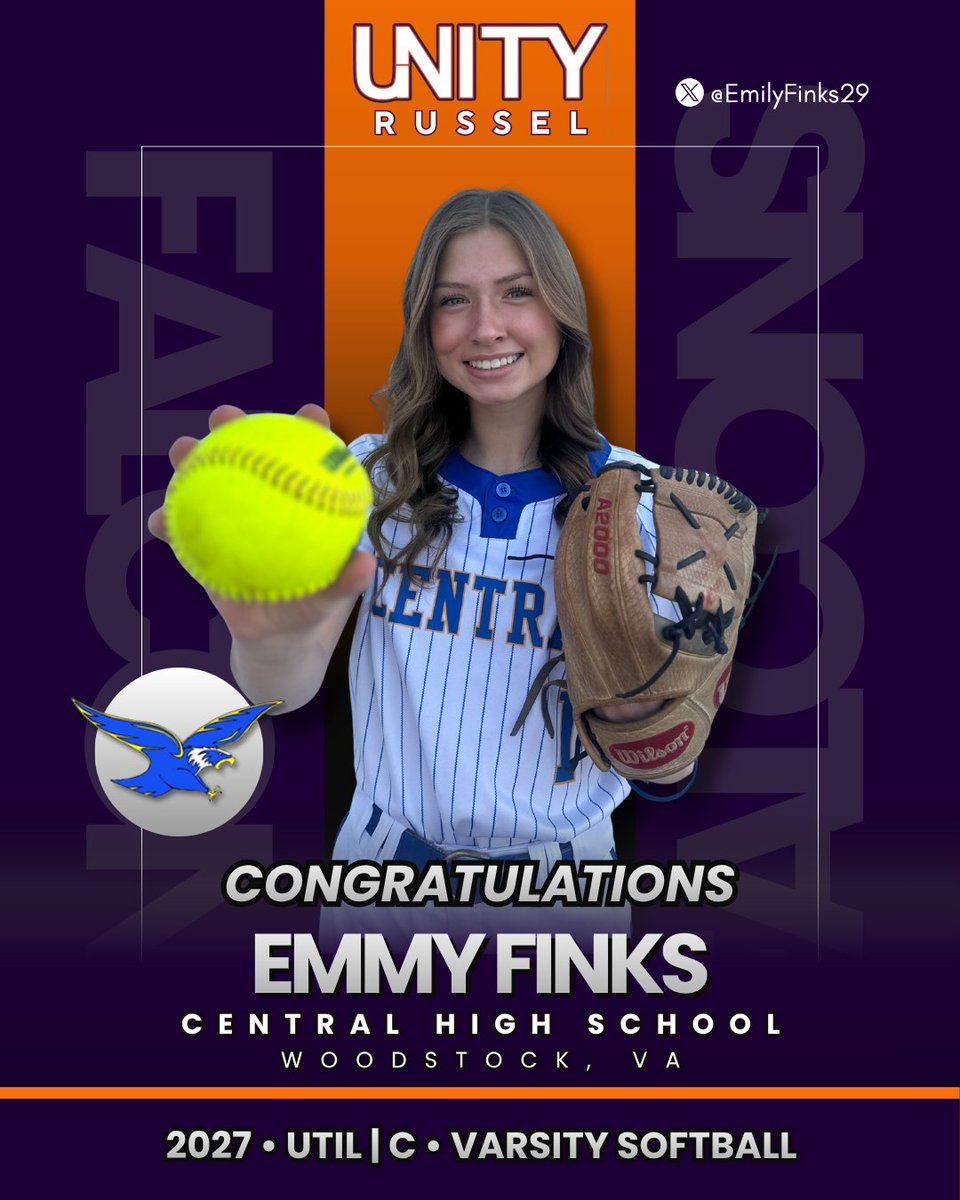 UnityRussel's tweet photo. Congrats to @EmilyFinks29 on your return to the Central High softball team! 🥎
Emmy continues to separate herself with her work ethic and competitive edge. Big things ahead this season—go make noise and earn another ring! #UnityRussel #UnityStrong #RaiseTheStandard @VAUnitySB https://t.co/3C8cHNtfV2