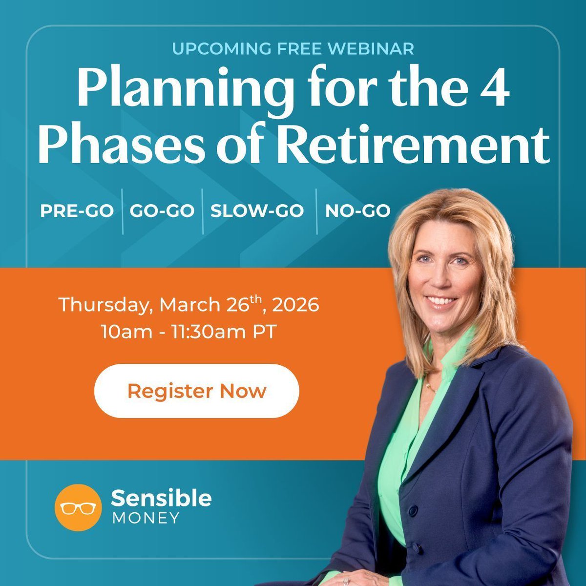 SensibleMoneyUS's tweet photo. Our last webinar filled up quickly — and we don’t want you to miss the next one.

Join us for a free educational webinar:

Planning for the 4 Phases of Retirement
📅 March 26, 2026 | 10 AM PT

We’ll cover what to plan for in each phase:
Pre-Go, Go-Go, Slow-Go, and No-Go.

🎟️ Save your spot: https://t.co/yNw9cuma3B