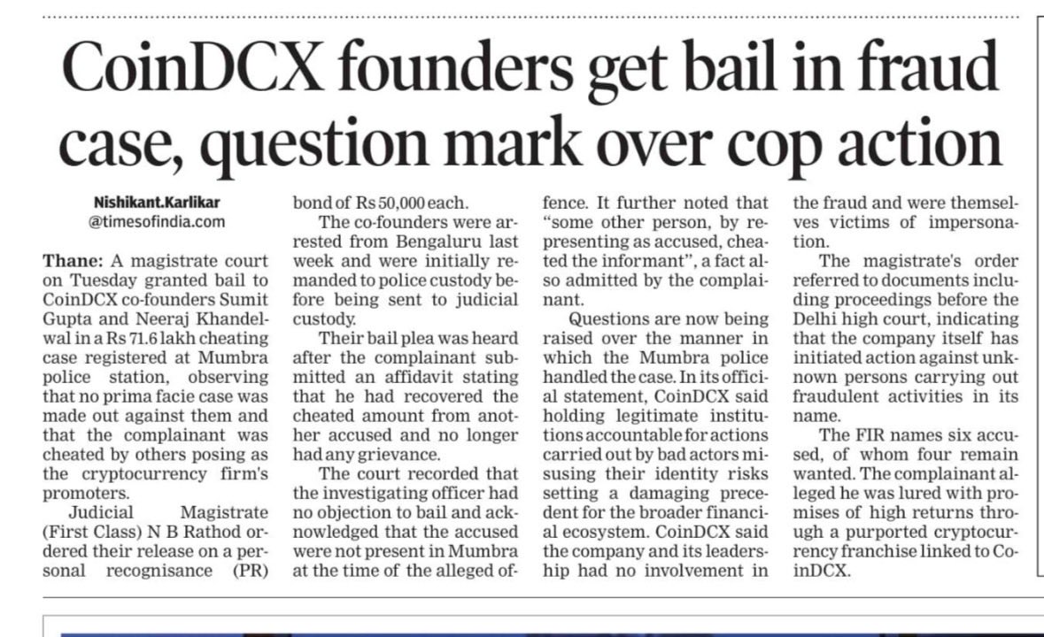 NishikantkTOI's tweet image. CoinDCX co-founders Sumit Gupta &amp;amp; Neeraj Khandelwal granted bail in a ₹71.6L cheating case .
In the order, Court noted no prima facie case, said “some other person” impersonated the accused, and recorded complainant had recovered money from co-accused. #Thane #CoinDCX @CoinDCX