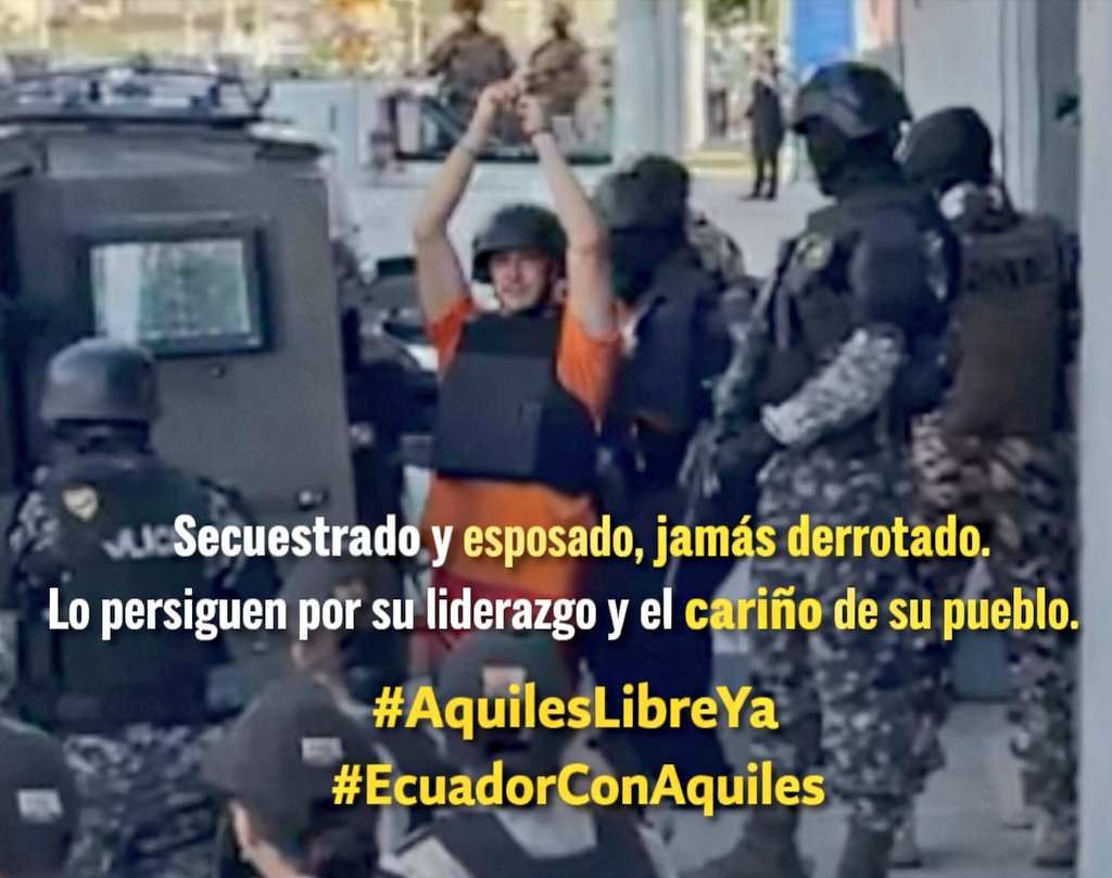 MonicaBritoRC's tweet photo. Desde el secuestro político #AquilesAlvarez le da una lección de integridad y carisma a Noboa. 

Unos segundos bastaron: brazos en alto, un beso, un “te amo” y una despedida firme. Esposado, pero jamás derrotado.

Tiempo suficiente para desatar una ola de apoyo y reconocimiento de su liderazgo, integridad y valentía.

Los juristas objetivos coinciden en que todo esto es un atropello al Estado de Derecho. Con el Alcalde se han pisoteado los principios de democracia, presunción de inocencia y debido proceso.

El Alcalde de Guayaquil es un preso político.

No podrán vencerlo porque su fuerza radica en su fe y en el amor por su familia, su ciudad y su pueblo.

¡Grande @aquilesalvarez! 

#SomosResistencia 
#AquilesLibreYa 

@RC5Oficial 
@RetoEc 
@MashiRafael
@GabrielaEsPais 
@Rauli_Chavez