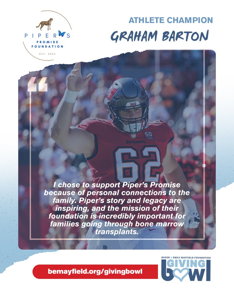 Athlete champion &amp; Tampa Bay Buccaneer, Graham Barton is stepping up for Piper's Promise 💙

His support comes from a place of deep personal connection, and a shared belief in making a difference for families facing bone marrow transplants. 

Join Graham and be a part of