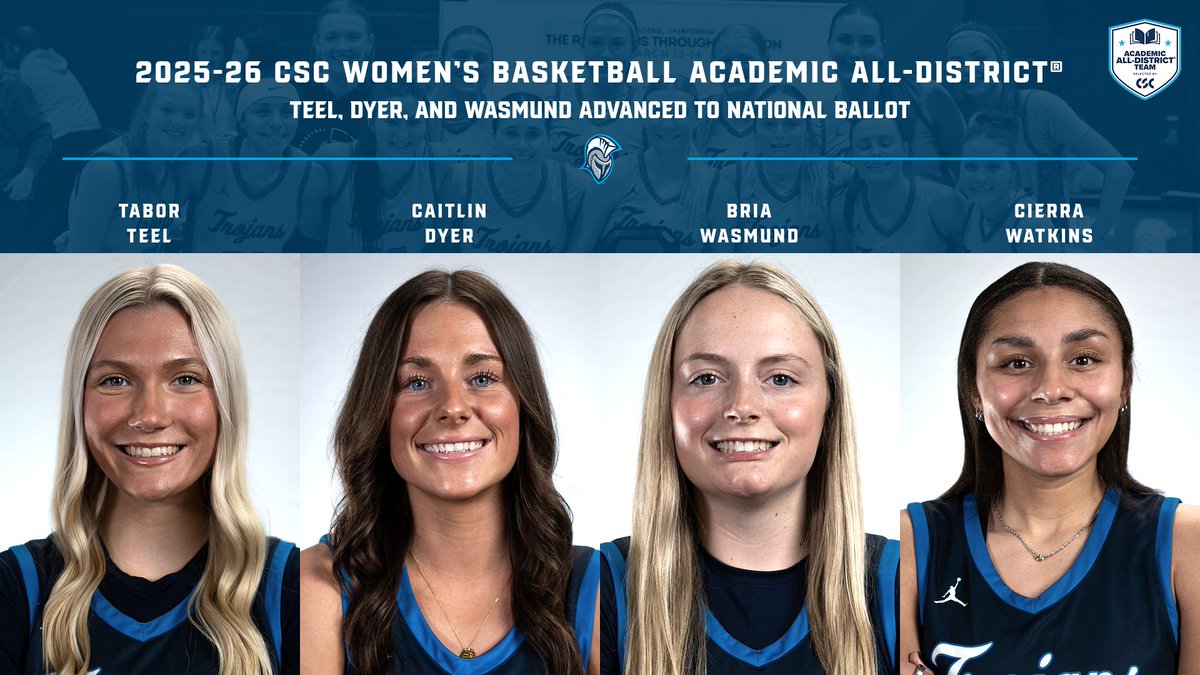 DSU_Athletics's tweet photo. W🏀📚🎖️I Four @dakotastate_wbb athletes earn CSC Women’s Basketball Academic All-District®

Teel, Dyer, and Wasmund advanced to national ballot; Watkins received All-District

📰 Read more➡️ https://t.co/GWltdhM4pO

#TrojanNation⚔️ I #TheRightWaytoPlay I #NAIAWBB https://t.co/CjfgE1rCSv