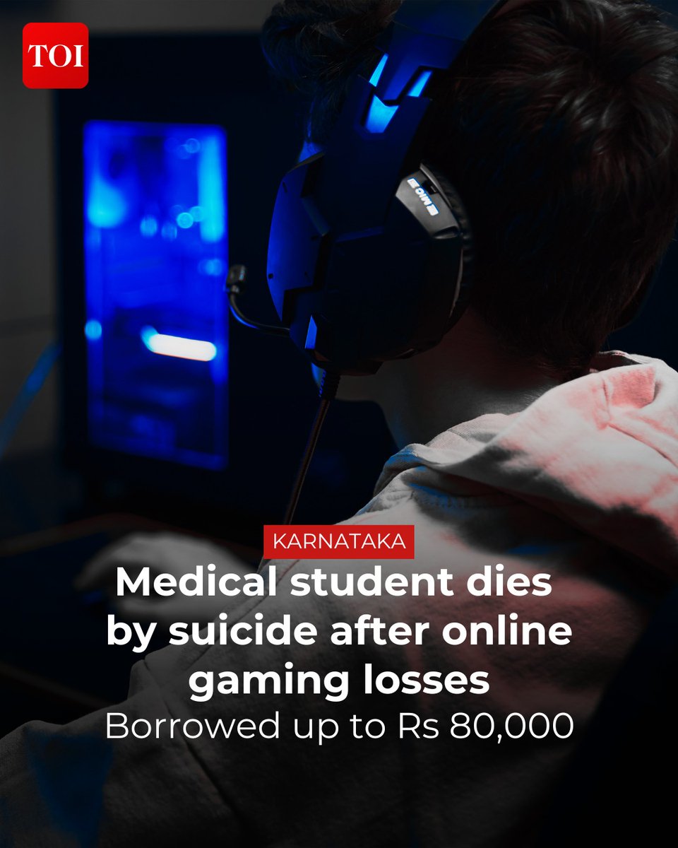 timesofindia's tweet image. #Karnataka | A final-year MBBS student allegedly hanged himself in his hostel room after falling into #debt due to losses in #onlinegaming.

Details here 🔗toi.in/d8dhJa
#KarnatakaNews