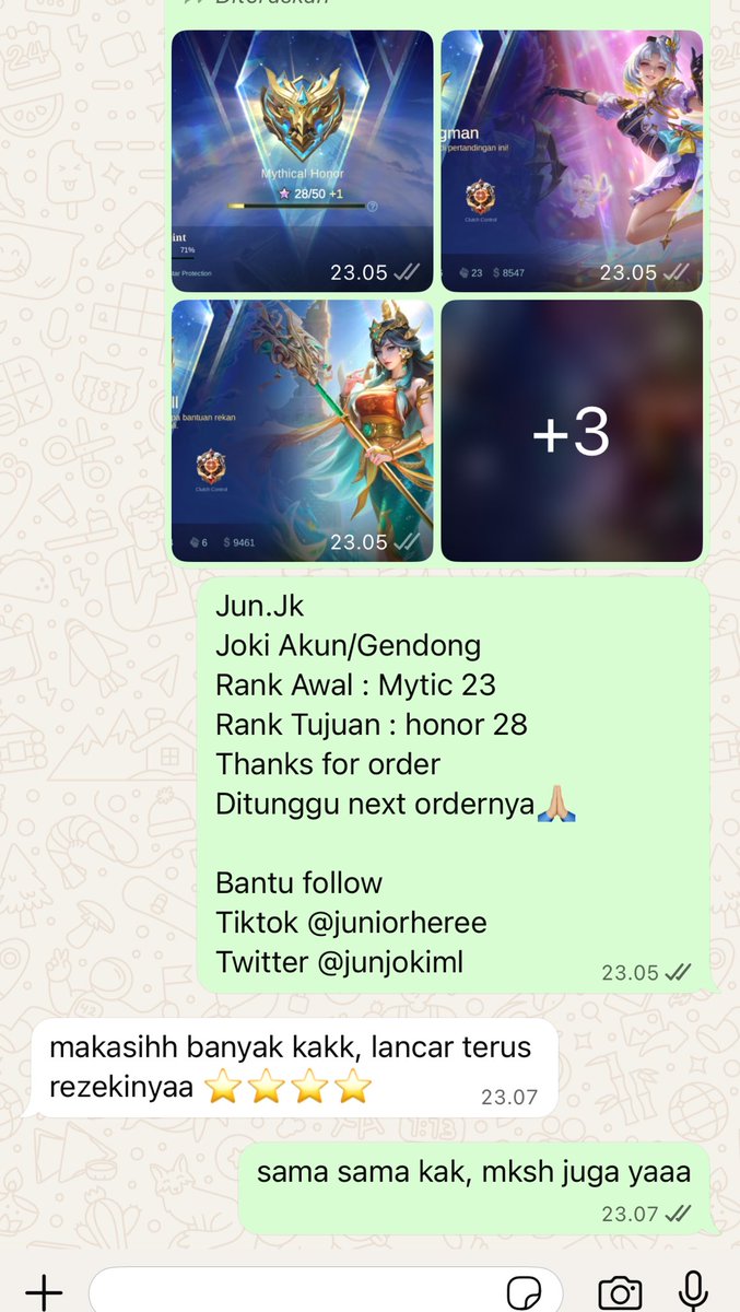 done

joki picjen 11⭐️
joki legend 25⭐️
joki tiknor 5⭐️
jokgen legend 10⭐️

yang mau joki ml/gendong sung aja chat wa dibio ya