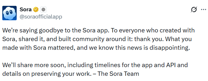 NewsPicks AI: OpenAI to Shut Down Sora After Just Six Months -  newspicksai.com/newspicks-ai-o… 
#newspicksai #news #ainews  #technologienews #globalnews #worldnews #ainews  #sciencenews #cryptonews
