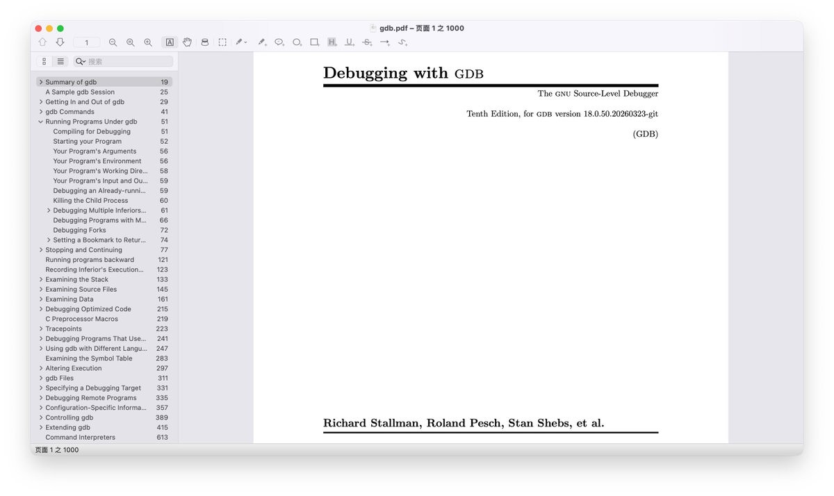 自由图书《Debugging with GDB》Tenth Edition 作为程序开发，调试器配合编译器是必不可少的最佳搭档 GDB允许你 ...