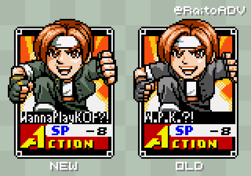 I've been revisiting some of my old pixel arts to see how much I can improve them with my current skills.

This was an old c0mm ordered by a friend of mine: the "iconic" Wanna Play KOF meme in Card Fighters style.

What do you think?

#SNK #Kyo #KOF #pixelart