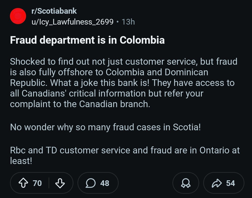 ShaziGoalie's tweet photo. Scotiabank allegedly moved fraud ops offshore…

The same people protecting your money are thousands of miles away with access to everything. https://t.co/BJ4GZqFWdP
