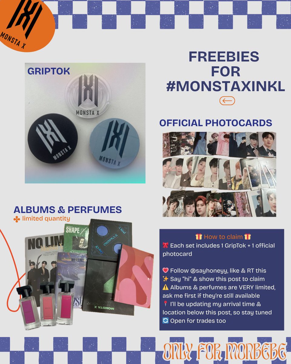FREEBIES for #MONSTAXINKL #MONSTAX_THEX_NEXUS_KL
🎀Includes 1 GripTok + 1 photocard

💗Follow me, like &amp; RT
✨Say “hi” &amp; show this post to claim
⚠️Albums &amp; perfumes are LIMITED, ask me first if it's still available
📍I’ll be updating my location below this post
🔄Open for trades