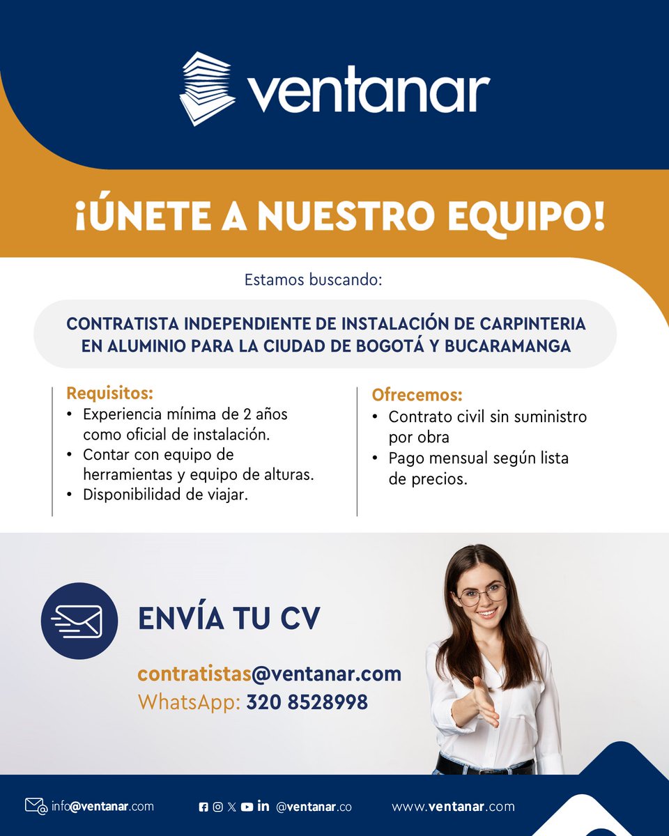 ventanarsas's tweet photo. ¿Buscando empleo? Esta #VacanteDisponible puede interesarte.

Si cumples con el perfil que requerimos y tienes disponibilidad para iniciar de forma inmediata, envíanos tu Hoja de Vida con los respectivos soportes.

¡Somos Ventanar, fuente de empleo para el país! 💪 https://t.co/xVct6njiAW