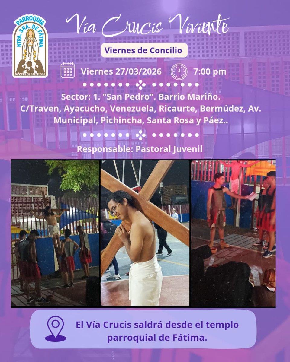 pfatimaplc's tweet photo. ¡No faltes! Este viernes 27 de marzo viviremos el Vía Crucis Viviente en la Parroquia de Fátima. 👣✨ Unamos nuestros pasos en oración y reflexión como comunidad.
⏰ 7:00 PM 📍 Iniciamos en el Templo Parroquial. ¡Te esperamos para seguir el camino de la cruz! 🙌 #SemanaSanta https://t.co/I7inmM53vf