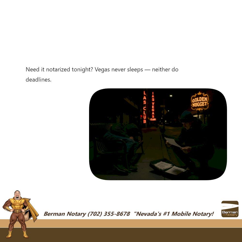 Visit us online: BermanNotary.com
#BermanNotary #MobileNotary #NevadaNotary #VegasMobileNotary
#WeNotarize #GoToNotary #VotedBestNotary #NotaryPublic