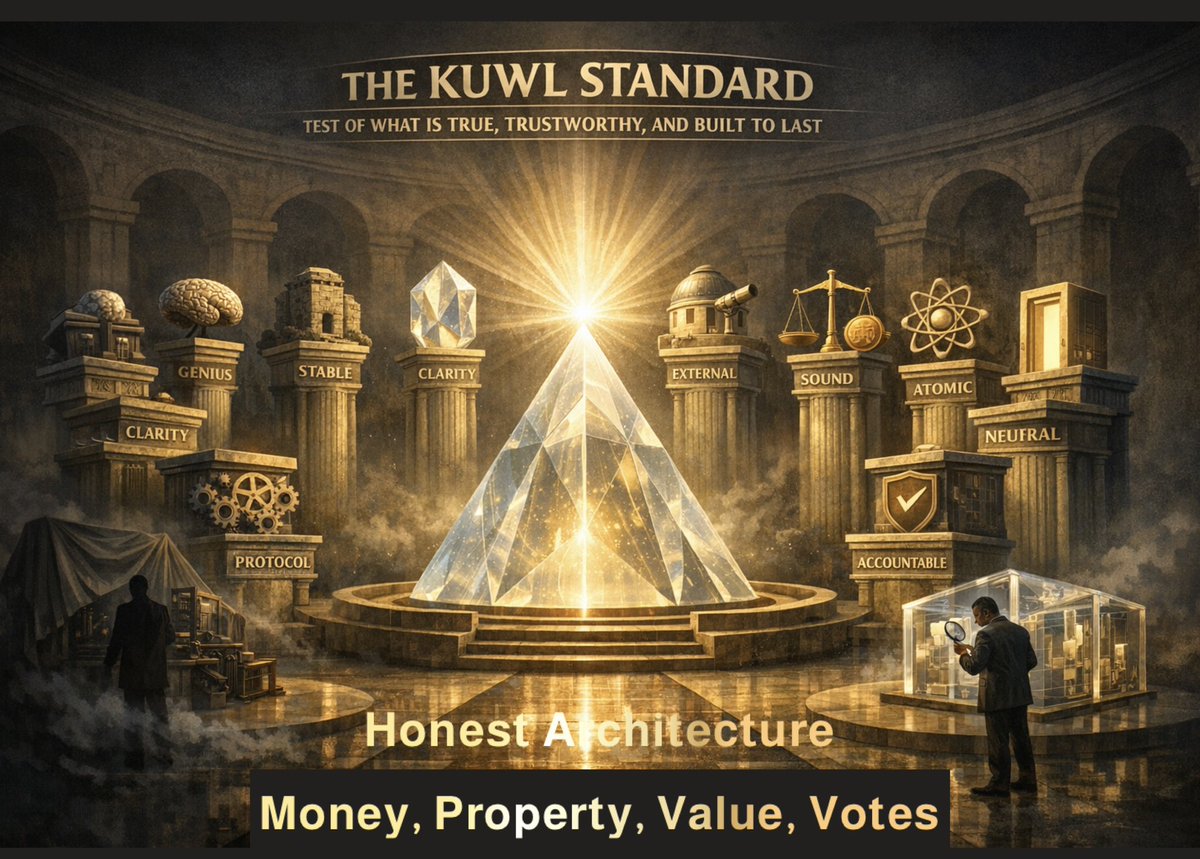 KuwlShow's tweet photo. THE KUWL STANDARD: TEST OF WHAT IS TRUE, TRUSTWORTHY, AND BUILT TO LAST

If it is not ALL of these… it is not fit to govern value, truth, or human exchange.

1. Genius

Not invented for control, but discovered through truth.
Aligned with design, not manipulation.

2. Stable

Unshaken by emotion, politics, or corruption.
Rooted like a house built on rock - not sand.

3. Clarity

Understood plainly. No hidden clauses. No deception.
“Let your yes be yes.”

4. External

Not trapped in the mind of a gatekeeper.
Exists independently - 
observable by all.

5. Sound

Honest weights and measures.
No dilution. No counterfeit.

6. Atomic

Complete in itself.
No partial truth. No fractional integrity.

7. Neutral

No favoritism. No insider advantage.
The law applies equally - or it is not law.

8. Final

Not endlessly debated or reversed.
Settlement means done - not “pending approval.”

9. Verifiable

Provable. Auditable. Testable.
Trust is not requested - it is earned through evidence.

10. Accountable

Every action tied to responsibility.
No shadow actors. No hidden hands.

11. Protocol

Rule-based, not personality-based.
The system governs - not the whims of men.

12. Open

Accessible to all.
Light, not darkness.

THE SOCRATIC TRUTH TEST

Ask this of anything - money, law, leadership, technology:

If even ONE of these is missing…
what enters in its place?

• No clarity → confusion
• No neutrality → corruption
• No verifiability → blind faith
• No accountability → tyranny

That is not a theory.
That is observable history.

THE PARABLE 

Two systems stand before the people:
• One says: “Trust us. It’s complicated.”
• The other says: “Test me. Everything is visible.”

One requires belief.

The other invites verification.

Only one aligns with truth.

THE BOTTOM LINE

This isn’t about technology.
It’s not even about money.

It’s about alignment with reality itself.

Because truth - like light - does not need defense.
It needs exposure.

@Ripple #DLT #XRP #ILP #XRPL 
@USTreasury @realDonaldTrump