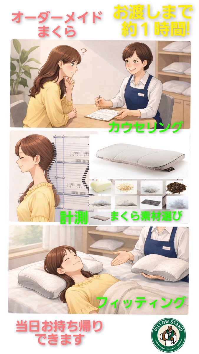 pillow_opa2's tweet photo. 🌟あなた専用のオーダーまくら、約1時間で完成！
カウンセリングからフィッティングまでしっかりサポート。
出来上がったまくらは 当日そのままお持ち帰りOK！
眠りの質をワンランク上へ✨
#オーダーまくら #睡眠改善 #まくら難民 #寝姿勢 #イビキ無呼吸 #三宮まくら https://t.co/blzDvwfMGX