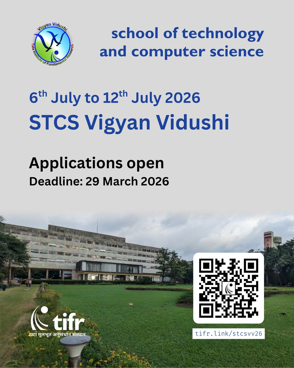 TIFRScience's tweet photo. Applications are open for the 2026 cohort of Vigyan Vidushi organised by the School of Tech &amp; Computer Science at TIFR, Mumbai.

#STCSVV is a TIFR summer program to promote research in CS as a career among women.

More details at the program link: https://t.co/w9OQSX9DNM https://t.co/ld0td5yZir
