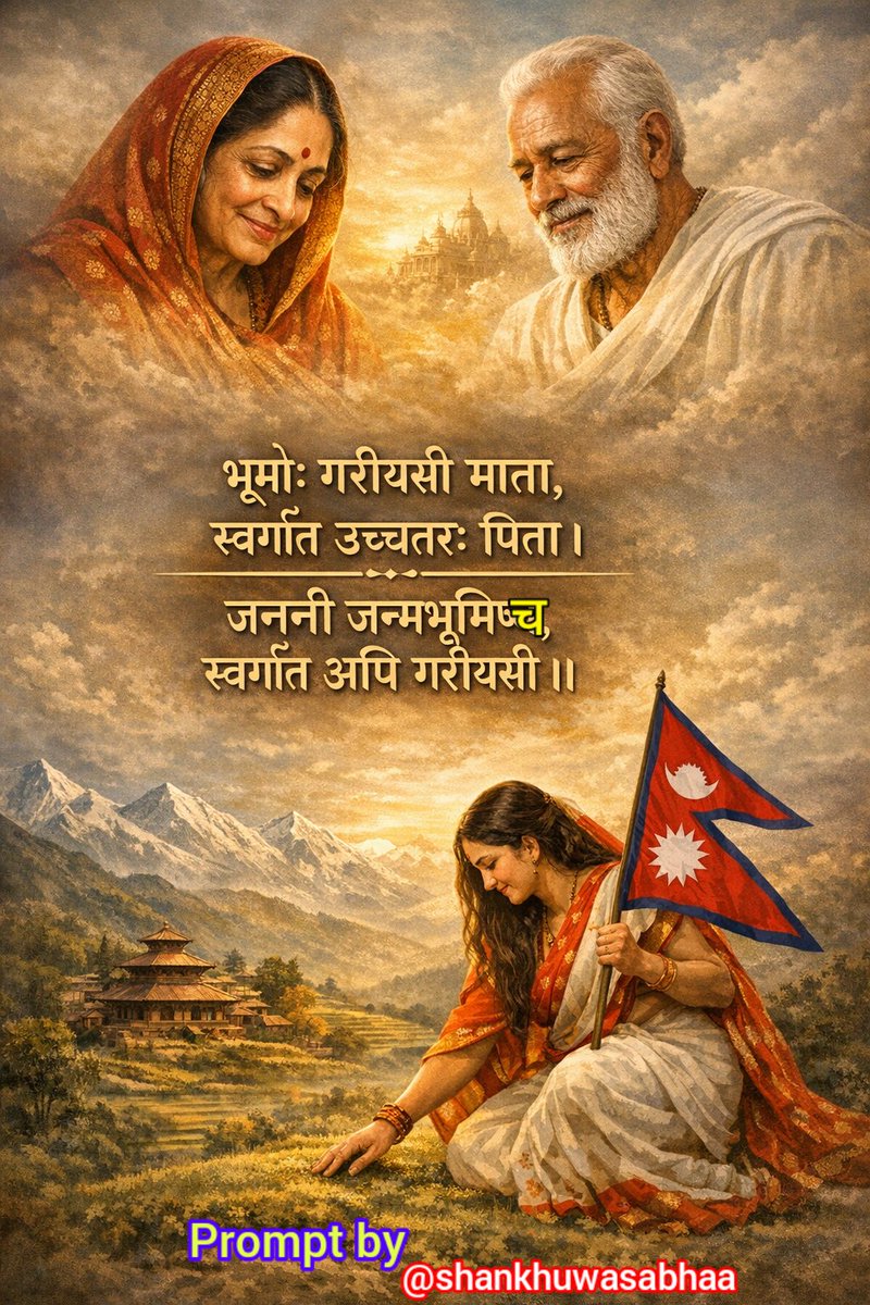 90s_kid_90s's tweet image. भूमेः गरीयसी माता, 
स्वर्गात उच्चतरः पिता।
जननी जन्मभूमिश्च, 
स्वर्गात अपि गरीयसी ।।
🙏🕉️✨📿🌺☀️
#FreshStart 
#StayPositive
#NepalLife 
शुभ प्रभात 𝕏 दुनियाँ 🌄
यहाँहरु सबैकाे आजकाे 
दिन उल्लासमय बनाेस 🥳
#abiralbrt 🧿
