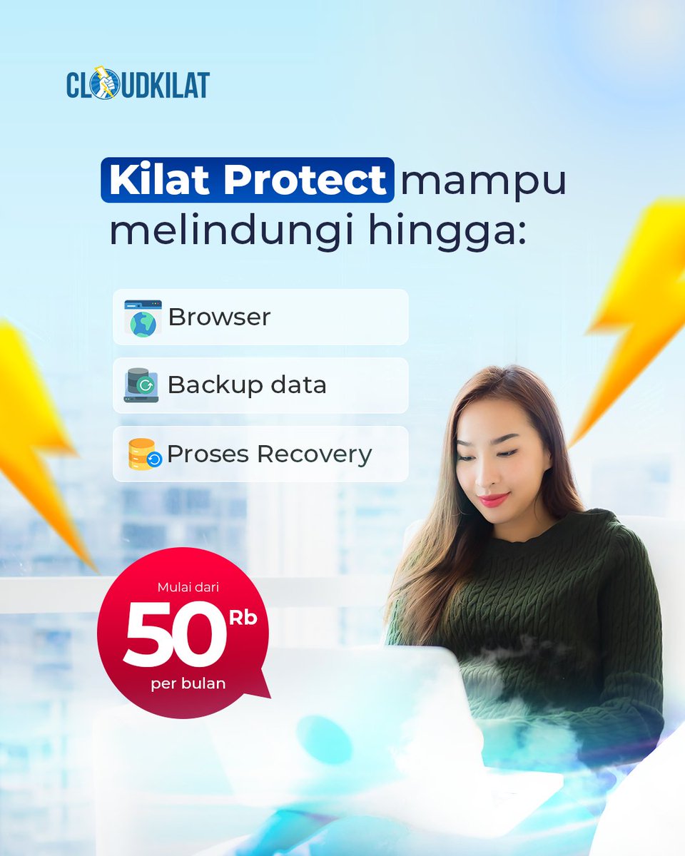 cloudkilat's tweet photo. Perlindungan Kilat Protect luas banget, bisa sampe ke browser dan proses recovery.

Data kamu makin aman dengan Kilat Protect.

Lindungi data kamu sekarang dengan Kilat Protect! Klik link di bio untuk berlangganan!

#KilatProtect #CyberSecurity #DataProtection #BackupData https://t.co/D5lpZ409Rs