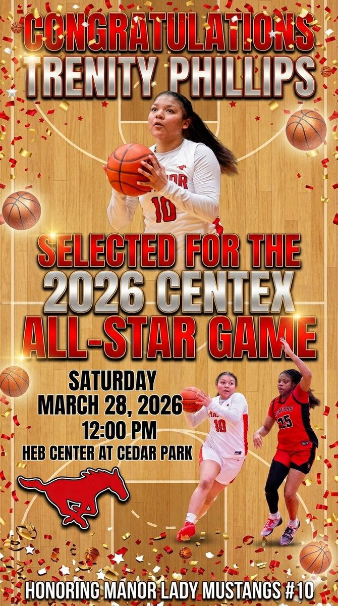 ManorGirlsHoops's tweet image. Congratulations to @TrenityPhillips  on being selected to the 2026 Central Texas High School All Star Game. Your talent, hard work, and dedication have truly paid off!

📍@HEBCenter
🗓️ Saturday, March 28, 2026
⌚️ 12:00 PM

#WAMM 
#BuildingaLegacyofGreatness 
#ManorMade

🐎🏀