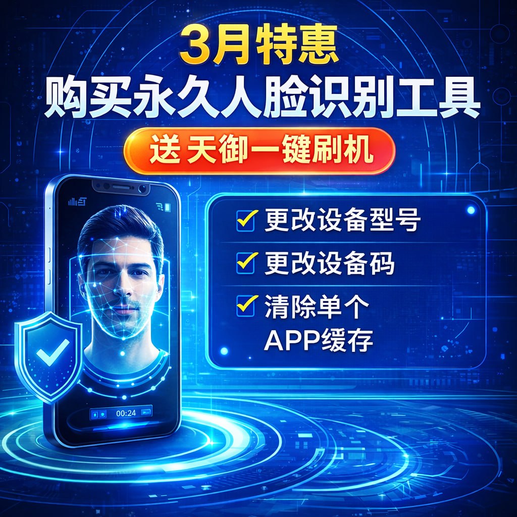 3月特惠 购买永久人脸识别工具送天御一键刷机。经常死号的设备会被官方标记，可以使用天御更改设备型号、更改设备码、清除单个APP
缓存之后再重新的上的号就不会影响账号权重