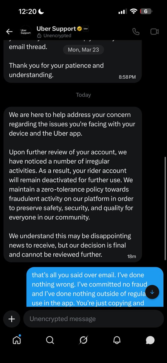 mikebaker137's tweet photo. @Uber_Support this is a joke, right? you just copied and pasted what I’ve been receiving via email all night. is this how your support center functions? copy and pasting responses for a false flag? escalate this to someone who can actually think for themselves and have them respond to me https://t.co/LZnZImWn8n