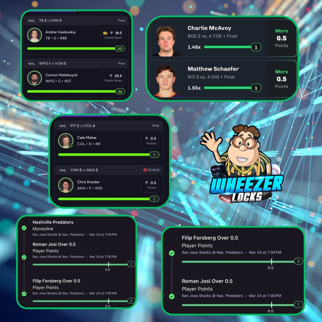 WheezerLocks's tweet photo. CLEANNN 5-0 SLIP SWEEEPPP!! ALL POSTED HERE FREE!!✅✅🧹 (minus the ladder) 

(-115)✅
(+156)✅
(+129)✅
(+200)✅
(+200)✅

Ik this is asking alot but I’ve been cashing out all year on here so 50 likes/rts and I’ll continue to post rest of season here for FREE!!❤️ 

#NHLBRUINS #Isles #GoJetsGo #GoBolts #Smashville #GoAvsGo #FlyTogether #NHL #PrizePicks #PlayerProps #DFS