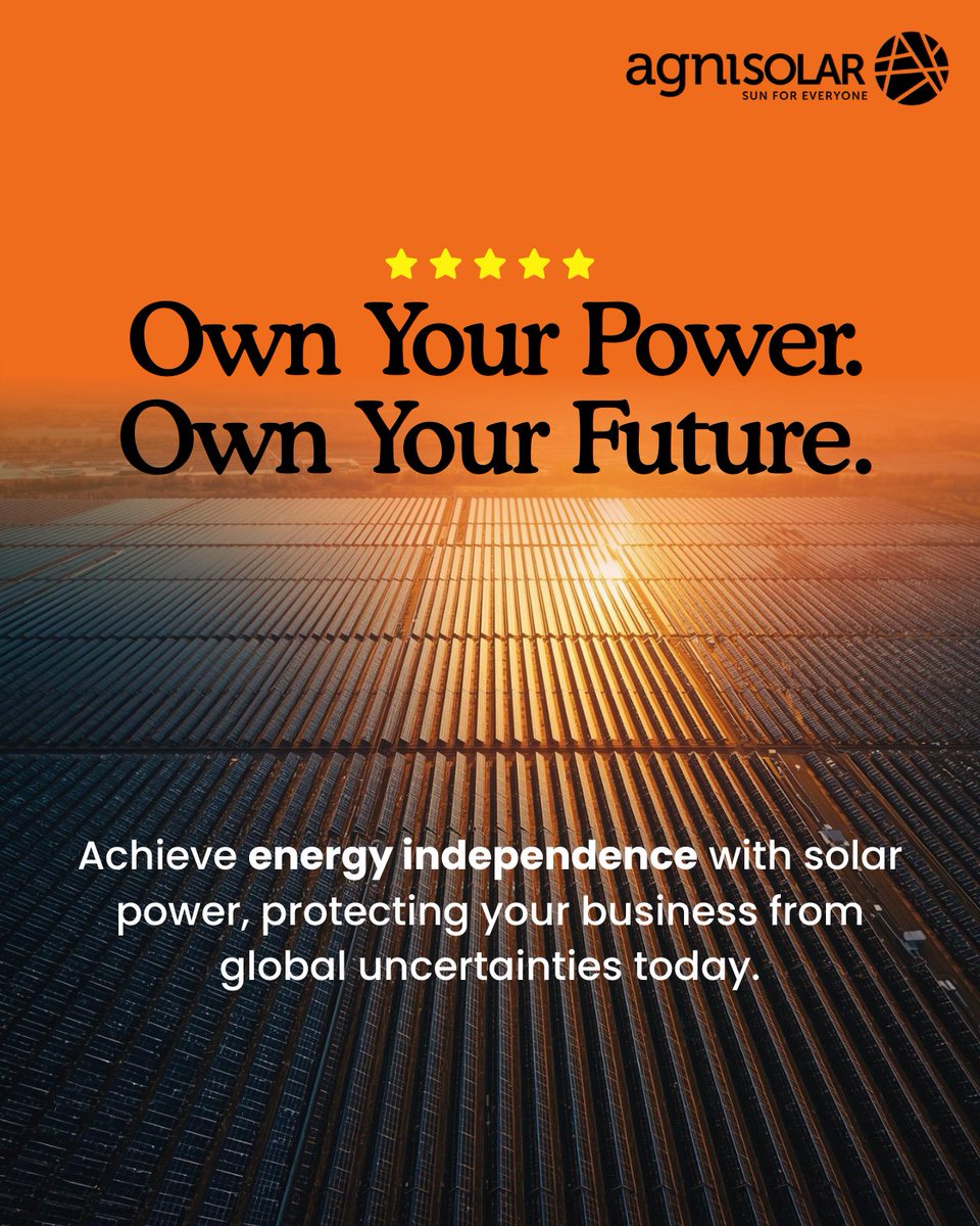 Agni_Solar's tweet photo. Global markets shift, but the sun is constant. Secure your energy today. 
.
.
.
#EnergySecurity  #SolarForBusiness #AgniSolar #CleanEnergyIndia #SustainableFuture #RenewableEnergy  
#solarenergy #agnisolar30years #agnisolar #gogreen #sustainability #sunforeveryone https://t.co/0znZ9phZzn