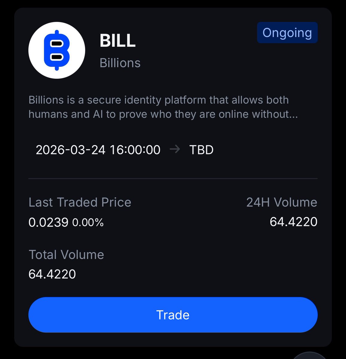 JUST IN: Billions Network Premarket is now open on MEXC Exchange 

Current $BILL Price: $0.01

Next is......
Binance?
Okx?
Bybit?
Upbit?

What do you think..? share your thoughts below 👇🏻