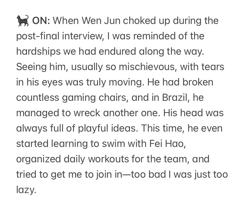confuxun's tweet image. #ON’s story at #FST2026 🐈‍⬛🏆🇧🇷

- He cried during their final interview
- Broke countless of gaming chairs. In Brazil, he managed to broke one again
- His head is full of playful ideas
- Started to learn swimming and organized daily workouts for the team.