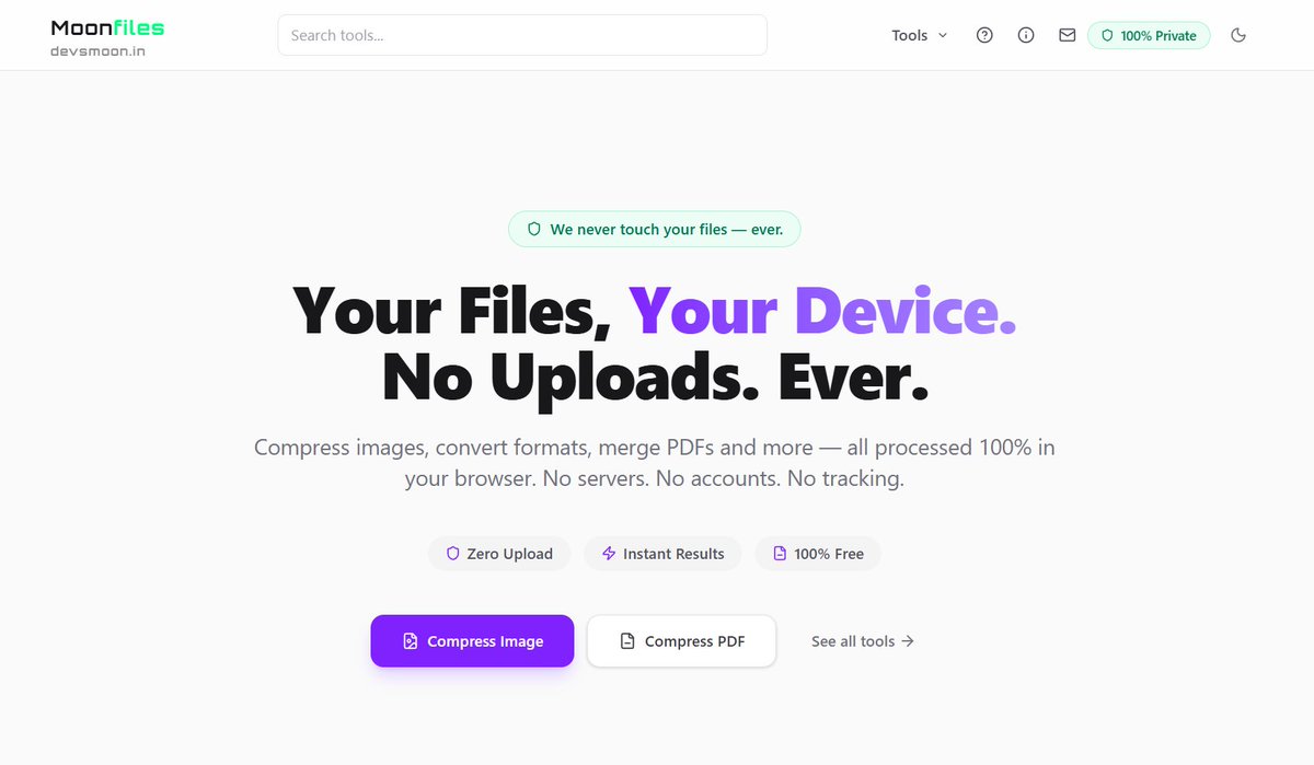 SidhartSidd's tweet image. Just found a privacy-focused image converter  and compresser.pdf tool also available
No uploads, No data tracking or storage, Works directly in your browser.
Feels way more trustworthy than most online tools 👍
moonfiles.devsmoon.in
#Privacy #WebTools #SafeBrowsing #TechFinds
