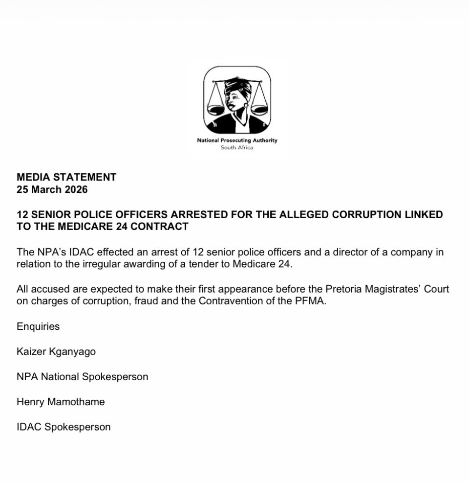 12 senior police officers arrested for the alleged corruption linked to the Medicare 24 contract