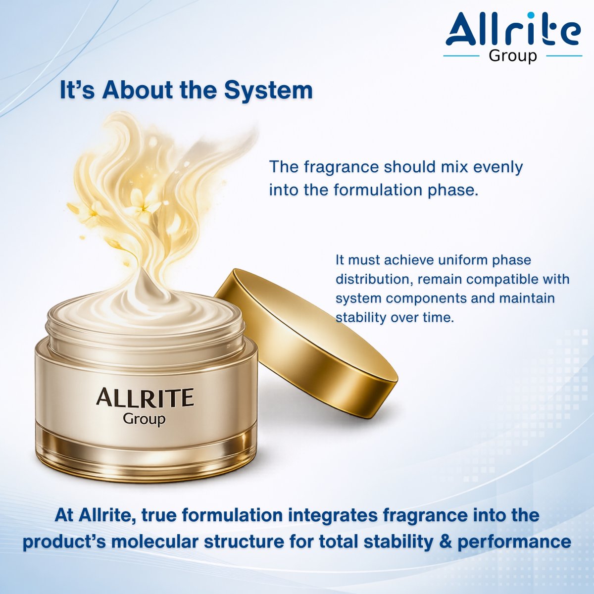 AllriteGroup's tweet photo. Fragrance in a cosmetic product is not simply added — it must integrate with the formulation system.

At Allrite Group, formulation is about designing systems where every component works together.

#CosmeticsManufacturing #FormulationScience #ProductDevelopment #AllriteGroup https://t.co/FloHwhnJwL