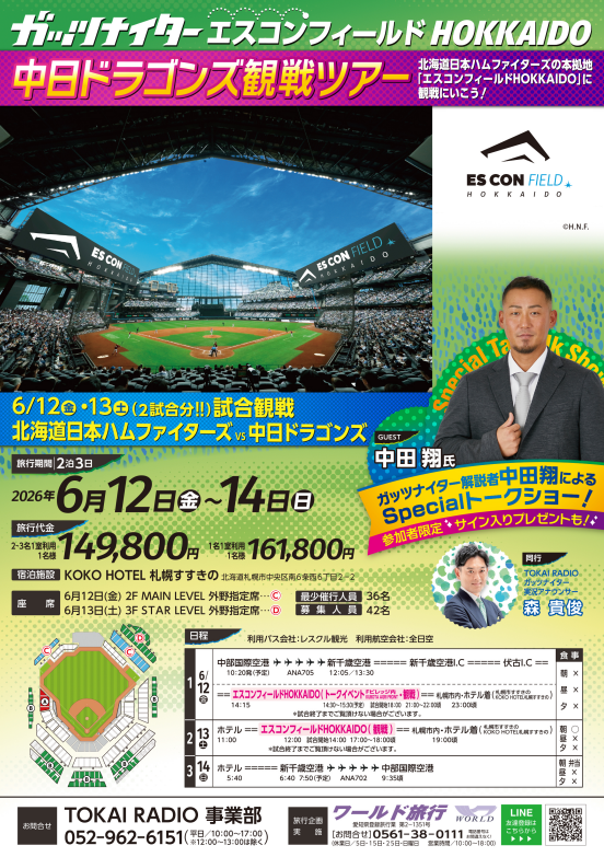 TokaiRadioEvent's tweet photo. ⚾ガッツナイター ドラゴンズ観戦ツアー決定⚾

エスコンフィールドHOKKAIDOで2試合観戦！
1日目には　＃中田翔　さんのトークショー🎙✨

参加者限定のプレゼントも…？🎁お申込みはお早めに💭
☟ツアー詳細はHPをチェック✓
https://t.co/BUNBWOGRYl
北海道でどらほーを叫ぼう！！

＃エスコン