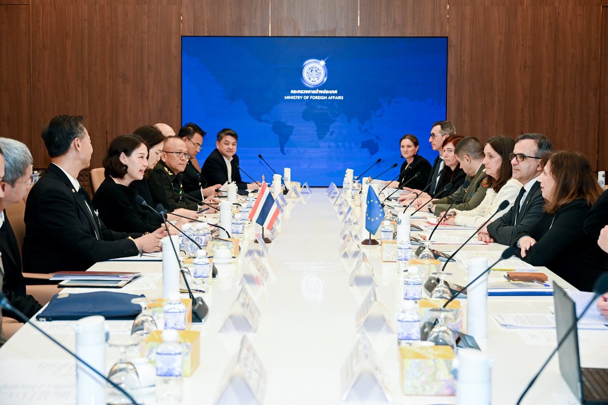 MFAThai's tweet photo. Thailand hosted the inaugural Thailand - EU Security Exchange, co-chaired by Acting DG Somrudee of European Affairs Dept. and Mr. Cosmin Dobran, Director for Peace, Partnerships and Crisis Management, European External Action Service (EEAS). Both sides discussed regional & global security challenges and advanced practical coop., incl. demining, combating online scams, cybersecurity, and maritime security, reflecting strengthened Thailand - EU partnership. (23 Mar 2026)