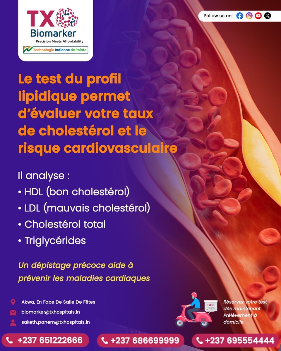 TxBiomarker's tweet photo. Évaluez votre cholestérol et votre risque cardiovasculaire avec un simple test.
👉 Dépistage précoce = prévention efficace.

📍 Akwa
📧 biomarker@txhospitals.in | saketh.panem@txhospitals.in 
📞 +237 651222666 | +237 686699999 | +237 695554444

#Santé #Cardiologie #Prévention # https://t.co/Jfp7iqAQ4j