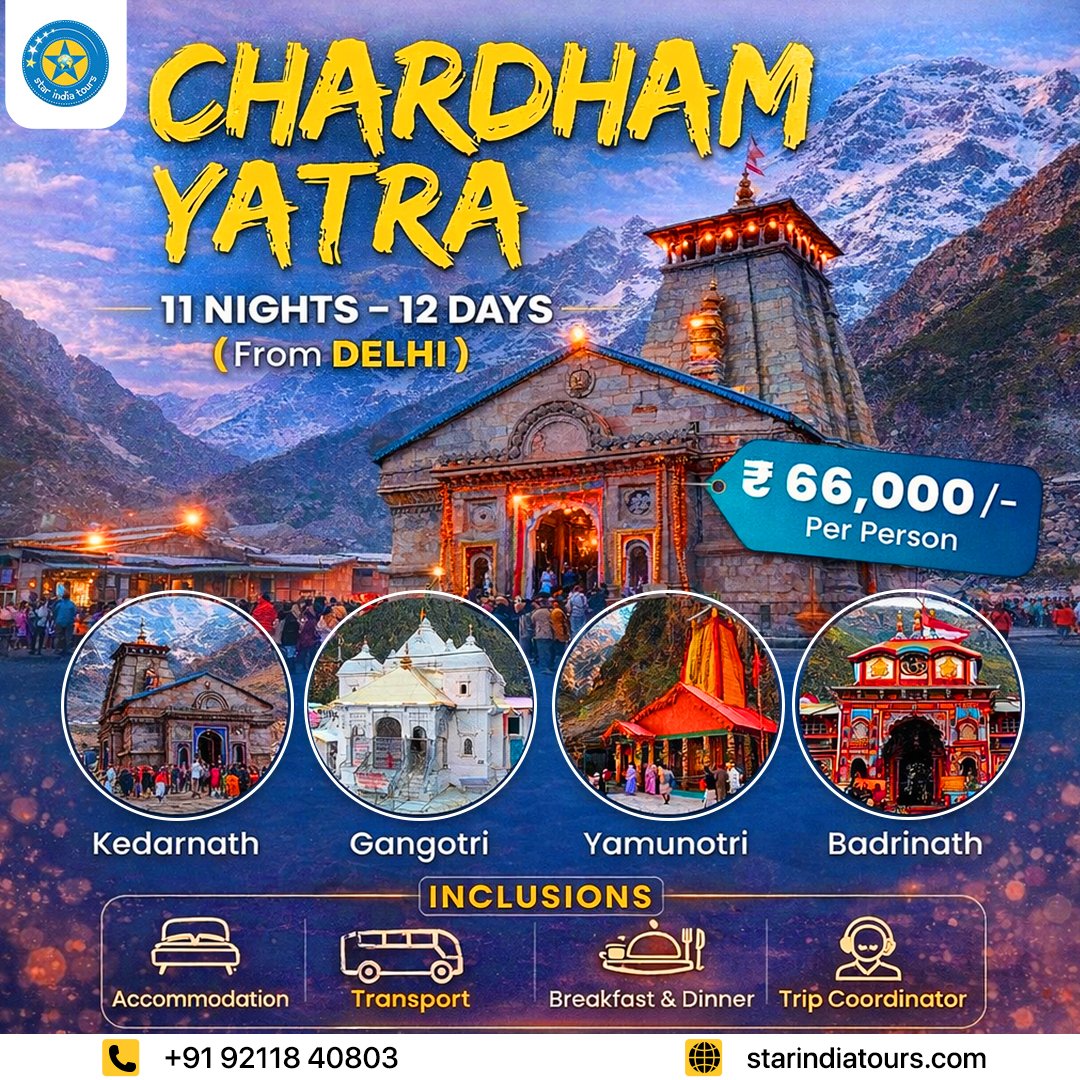 starindiatours's tweet photo. 🌟 Don’t wait to fulfill your spiritual journey — book your Char Dham Yatra today and let the Himalayas inspire your soul!
📞 +91 92118 40803
 🌐 https://t.co/kh0cGuK0ty 
.
.
#CharDhamYatra #StarIndiaTours #SpiritualJourney #PilgrimageTour #HimalayanPilgrimage #TravelWithFaith https://t.co/U4wjdNpJoQ