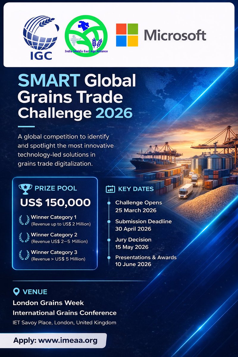 Sudhakar_TOMAR's tweet image. 500M+ tonnes of grain trade still runs on outdated systems.

The SMART Global Grains Trade Challenge 2026 is calling digitalization innovators to transform grains trade with tech.
💰 $150K prize
📅 Apply by 30 Apr
🔗 imeaa.org

#Digitalisation #AI #FoodSecutity