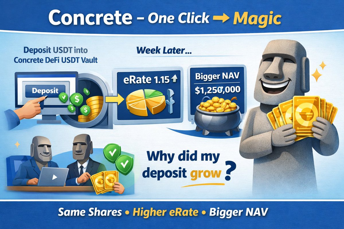 2/8 How Do <a href="/ConcreteXYZ/">Concrete</a>  Vaults Actually Work?
One Click → Magic
User deposits USDT into Concrete DeFi USDT vault. Receives vault shares (pie slices). Week later: same shares, higher eRate, bigger NAV. Question: "Why did my deposit grow?"