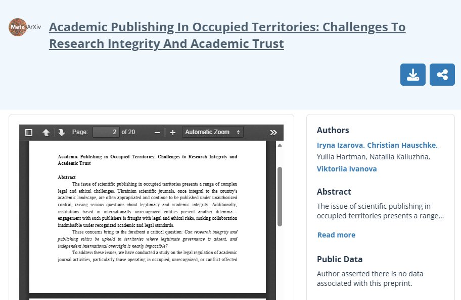 Nata_Kaliuzhna's tweet photo. A new preprint “Academic Publishing in Occupied Territories: Challanges to #ResearchIntegrity and #AcademicTrust”, uncovers complex legal &amp; ethical challenges surrounding unlawful appropriation of Ukraine-born journals by occupation authorities of Russia

https://t.co/c9OlaxPeiR https://t.co/auvoDkn0t9