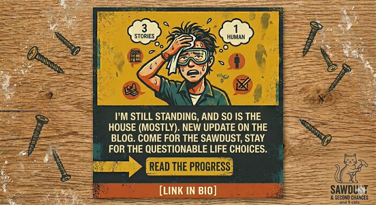 coni_perry's tweet image. Blisters, Backaches, and Breakthroughs.
I’m still standing, and so is the house (mostly). New update on the blog. Come for the sawdust, stay for the questionable life choices.  #homerenovation #floridaliving #diyordie #newblogpost #StartOverAt60

open.substack.com/pub/sawdustand…