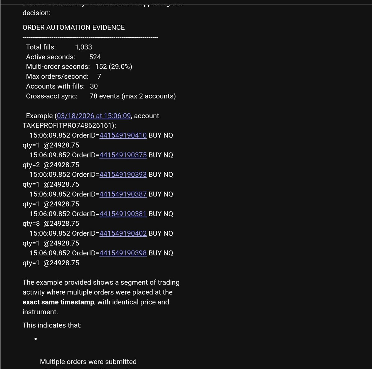 MoneyMike0514's tweet photo. @TradersParadise This is what they sent me, I've never used a bot and of course now that I've been profitable I have been banned. Also I would never use a trade copier on a pro account as that would be too stressful for me with the intraday drawdown https://t.co/by3ps2trPK