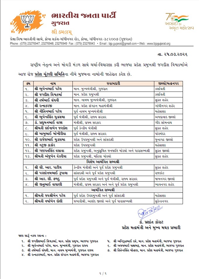 પ્રદેશ અધ્યક્ષ શ્રી <a href="/iJagdishBJP/">Jagdish Vishwakarma</a> દ્વારા પ્રદેશ ચૂંટણી સમિતિના સભ્યોની જાહેરાત કરવામાં આવી. 

પ્રદેશ ચૂંટણી સમિતિના સભ્યોને ખૂબ ખૂબ અભિનંદન અને હાર્દિક શુભકામનાઓ.