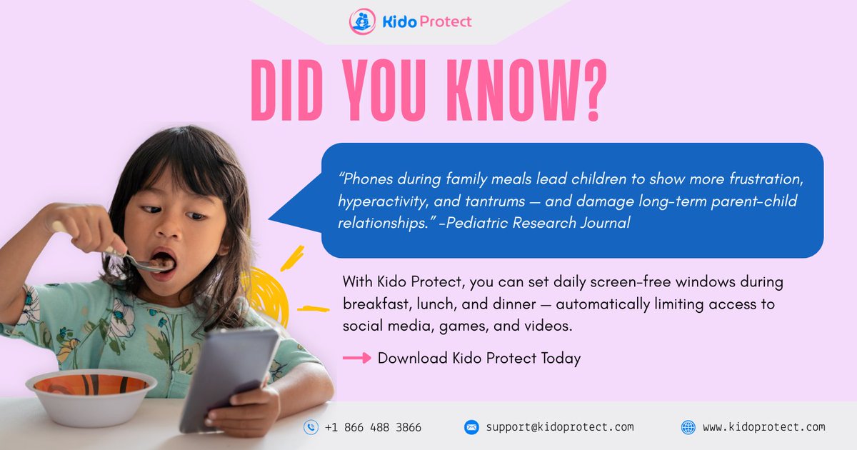 KidoProtect's tweet photo. 📱 Research shows phones during family meals increase children's frustration, hyperactivity &amp; tantrums
 
Kido Protect lets you schedule screen-free meal times automatically. No arguments. Just family time. 💙
Download today: https://t.co/c1TujwLAJX
#KidoProtect #DigitalParenting https://t.co/qpguLcjwvK