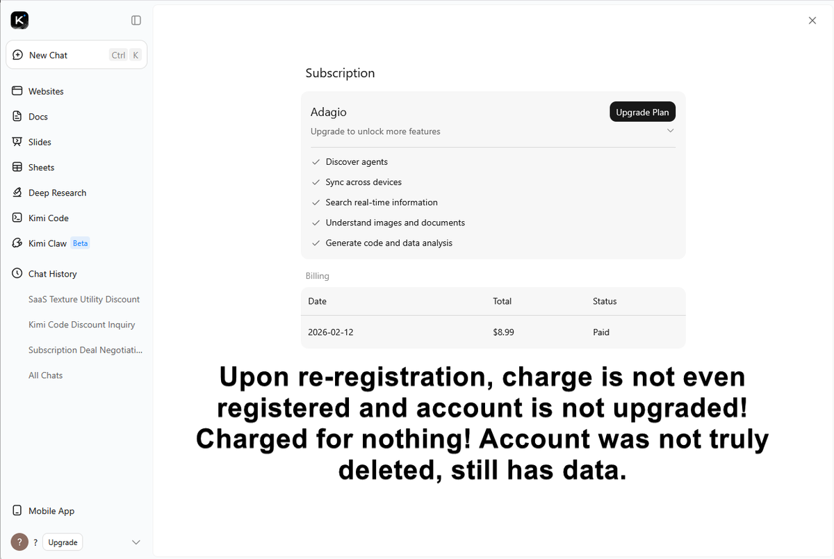 easternecrypto's tweet photo. !! Warning !! Do not use @Kimi_Moonshot products. They will charge you with no chance of unsubscribing, even after #Kimi account deletion they will charge you. 10s or maybe 100s of users on reddit having this problem. Silence from official western support email. https://t.co/iTIYCF3KBV