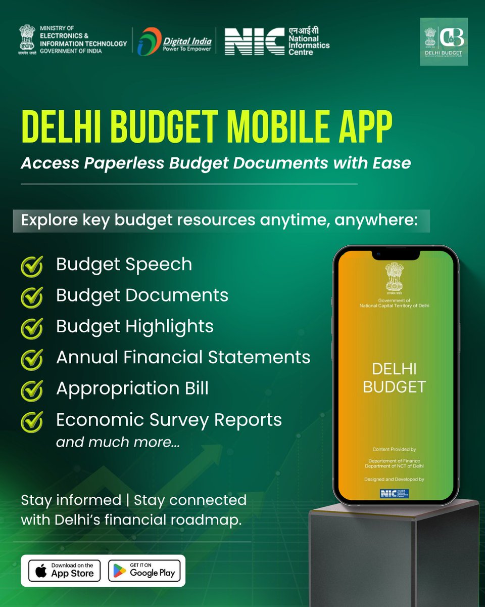 NICMeity's tweet image. Explore the Delhi #Budget in a seamless digital format with easy access to key documents, highlights, and financial insights - all at your fingertips.

Download #DelhiBudget Mobile App Now!
Android📲play.google.com/store/apps/det…
iOS📲apps.apple.com/in/app/delhi-b…

#NICMeitY #PaperlessBudget