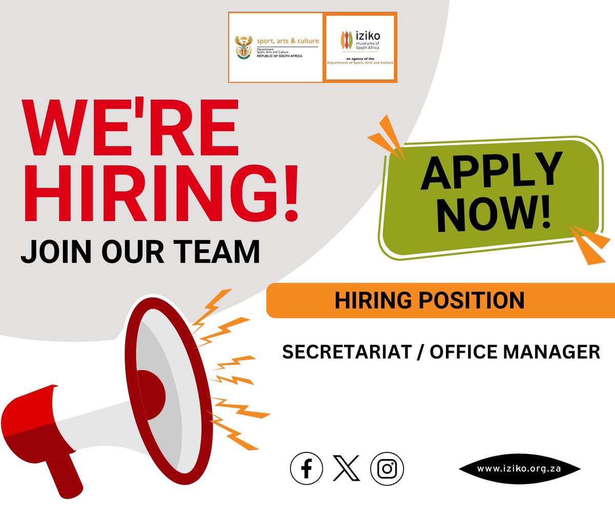 Iziko_Museums's tweet image. Join our team!

Iziko Museums of South Africa is hiring a:
 Secretariat / Office Manager (Office of the CEO)
📅 Closing date: 8 April 2026
👉 Apply here: bit.ly/IZIKOJOBs

Late applications will not be considered.
#IzikoCareers #JoinOurTeam #MuseumJobs #IzikoMuseums