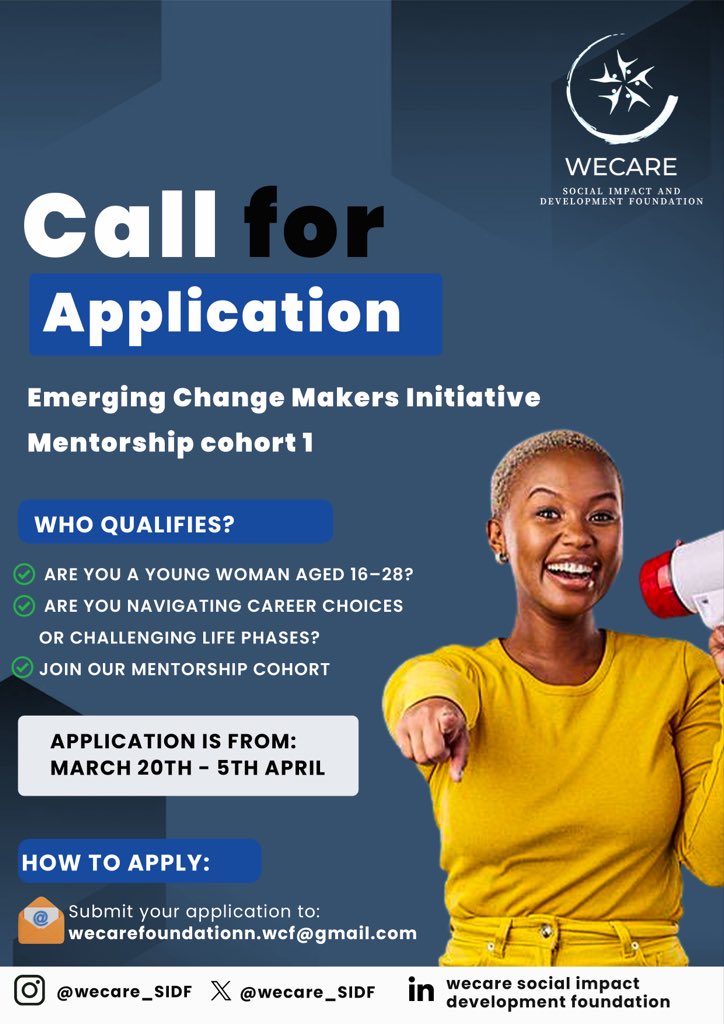 wecare_sidf's tweet photo. CALL FOR APPLICATION!!!
The Emerging Change Makers Initiative Mentorship Cohort 1
(2026) Wecare_sidf is now accepting applications! If you're aged 16-28 and navigating career choices or life's challenges. We are here for you!!!
Click link to apply now ➡️⬇️
https://t.co/eZv1H45OWD https://t.co/LCq1ge93G5