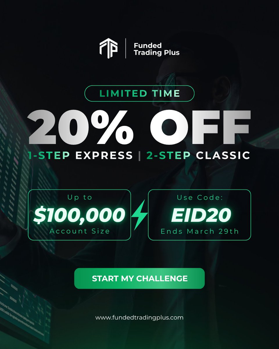 FundedTradingP's tweet photo. ⏳ Offer Ends This Sunday⁠
⁠
Get 20% off your favourite funded trading challenge (up to $100K) using code EID20⁠
⁠
Whether you’re starting with a $25K 1-Step Express or scaling up to a $100K 2-Step Classic, now is the time to take the next step.⁠
⁠
Secure your account before the offer ends.⁠
👉 https://t.co/mTVYDou04s⁠
⁠
#PropTrading #FundedTrading #ForexTraders #PropFirmDeal #GetFunded