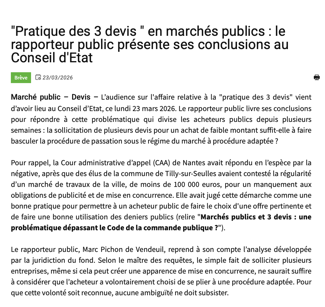 achatpublicinfo's tweet photo. 📰 A lire ou à relire #CommandePublique : 3 #Devis en #MarchésPublics, le rapporteur public a présenté ses conclusions ce jour au Conseil d'État.... #AchatsPublics https://t.co/ObVDc3eAgZ https://t.co/hOyfSv5rRA